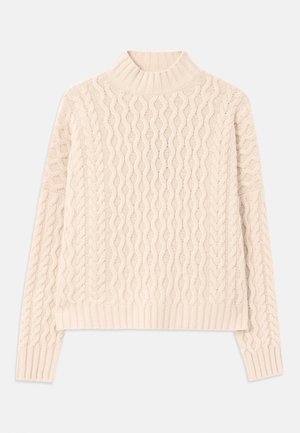 Pull en tricot de couleur crème avec un col côtelé haut, présentant un motif en vagues et des poignets et un ourlet côtelés. Coupe décontractée et finition texturée.