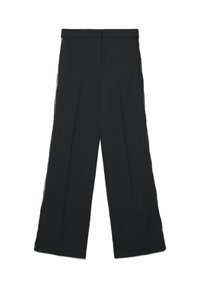 Schwarze Hose mit weitem Bein, mit Spitzenakzenten an den Seiten und einem glatten Textilmaterial. Taillierter Bund, keine sichtbaren Taschen.