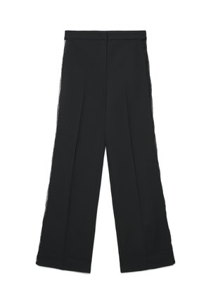 Schwarze Hose mit weitem Bein, mit Spitzenakzenten an den Seiten und einem glatten Textilmaterial. Taillierter Bund, keine sichtbaren Taschen.