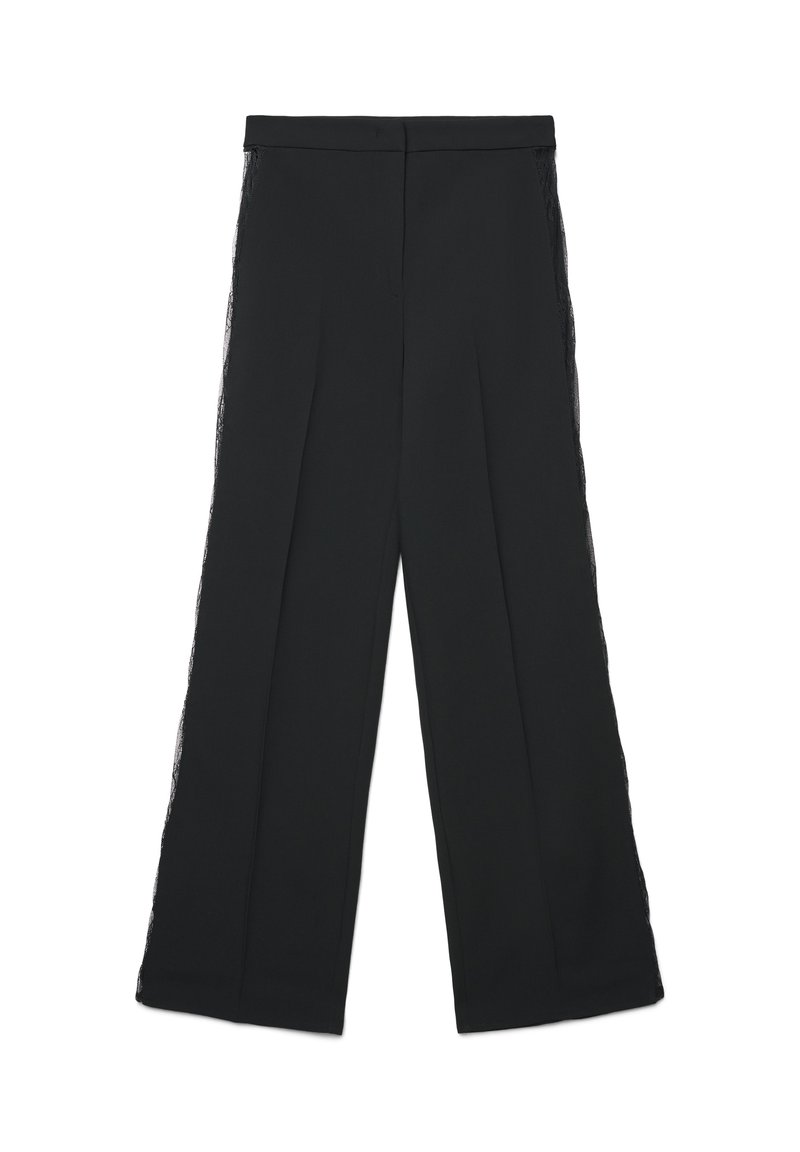 Schwarze Hose mit weitem Bein, mit Spitzenakzenten an den Seiten und einem glatten Textilmaterial. Taillierter Bund, keine sichtbaren Taschen.