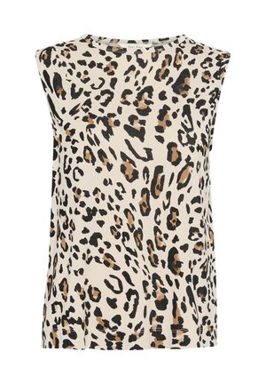 Leopard print sleeveless top in lightweight fabric. Features a round neckline, beige background, and varying shades of brown and black spots.