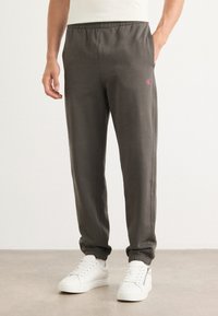 Grijze sweats met een trekkoord in de taille, elastische boorden en een klein roze logo op de linker bovenbeen. Het materiaal lijkt zacht en glad.