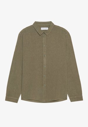 Olivegrünes Langarmhemd aus strukturierter Stoff; mit durchgehender Knopfleiste, klassischem Kragen und Manschetten. Minimalistisches Design.