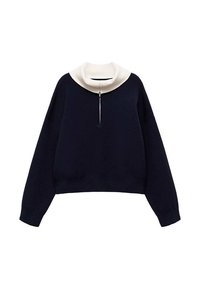 Sweat-shirt court bleu marine avec un col haut crème et une fermeture à glissière. Comprend des manches longues, des poignets côtelés et une texture de tissu lisse.