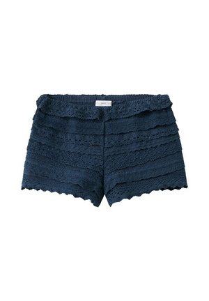 Shorts en dentelle bleu marine avec bords superposés en forme de coquille et taille élastique, dotés d'une étiquette au centre du dos.