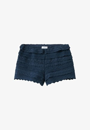 Granatowe koronkowe szorty z warstwowymi falistymi krawędziami i elastycznym paskiem w talii, z metką na środku z tyłu.