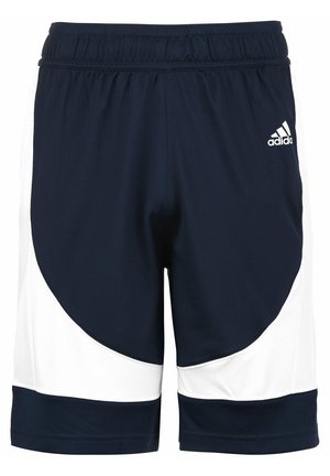 Shorts de sport Adidas bleu marine et blanc avec taille élastique et logo sur la partie supérieure de la cuisse droite.
