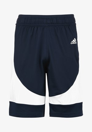 Shorts de sport Adidas bleu marine et blanc avec taille élastique et logo sur la partie supérieure de la cuisse droite.