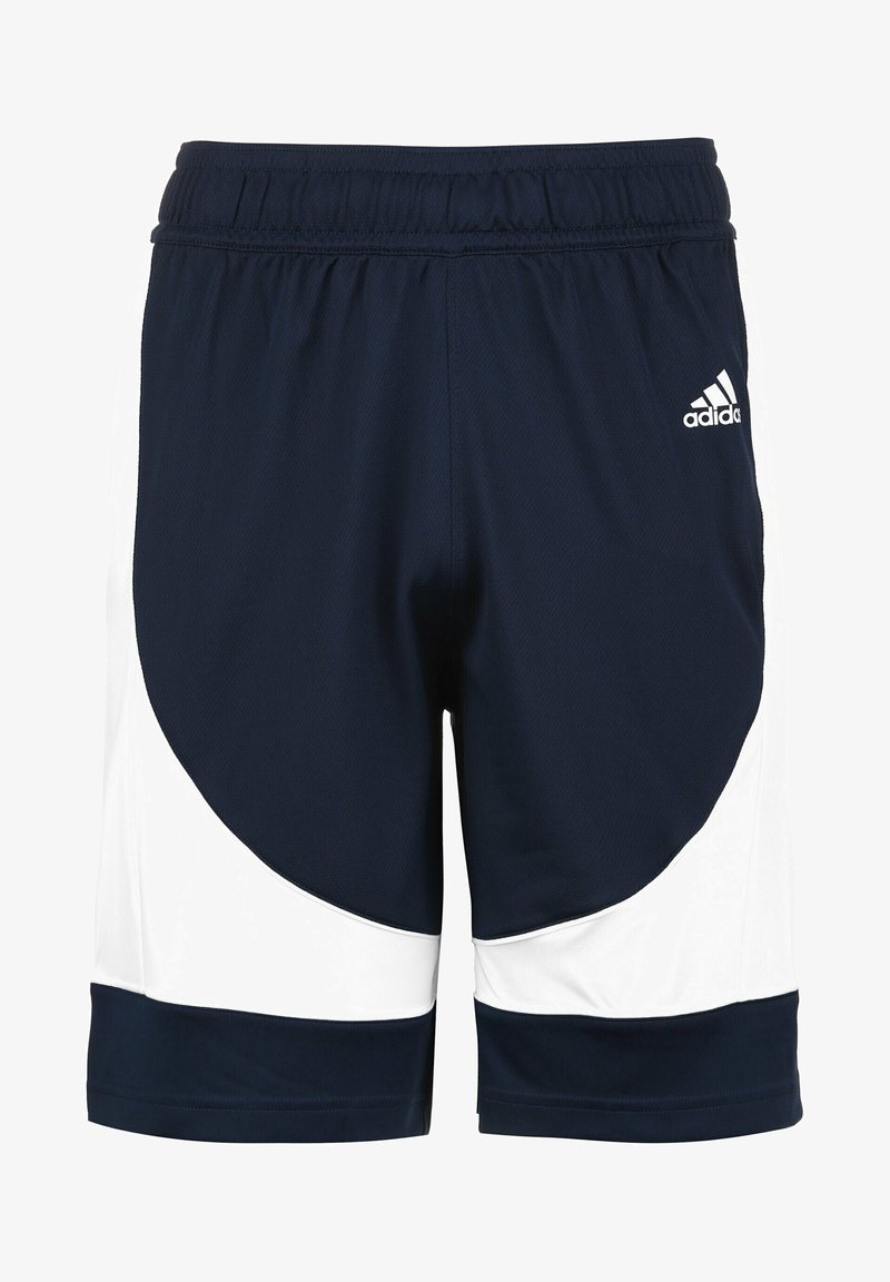 Shorts de sport Adidas bleu marine et blanc avec taille élastique et logo sur la partie supérieure de la cuisse droite.