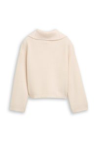 Hellbeige geripptes Sweatshirt mit lockerer Passform, weitem Kragen und langen Ärmeln. Die Textur ist weich und wird durch ein dezentes vertikales Muster unterstrichen.