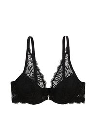 Soutien-gorge en dentelle noire avec des bonnets souples, motif floral, bretelles ajustables et fermeture à crochet au dos. Détails élaborés sur les bords.