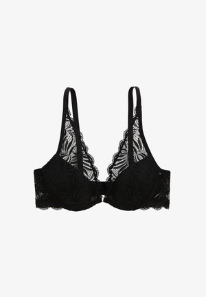Soutien-gorge en dentelle noire avec des bonnets souples, motif floral, bretelles ajustables et fermeture à crochet au dos. Détails élaborés sur les bords.