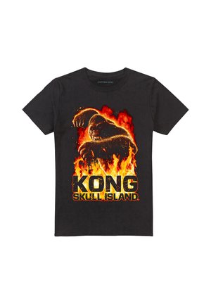 Black t-shirt with flaming graphic of angry Kong and bold text "Kong Skull Island" below the image.