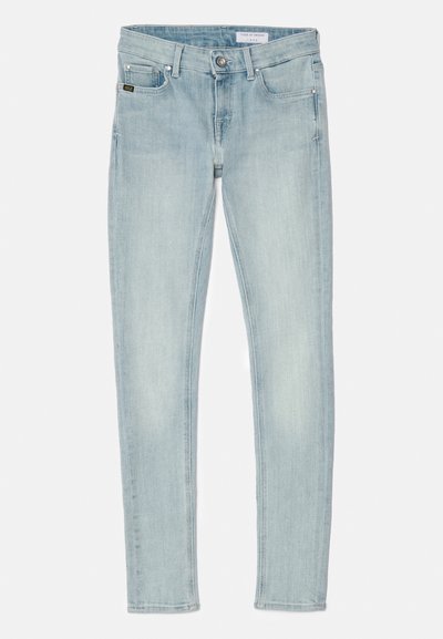 Lyseblå skinny jeans laget av denim, med knappefeste, fem lommer og subtil fading på lårene og knærne.