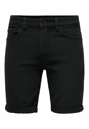 Czarne szorty dżinsowe z klasycznym wzorem pięciu kieszeni, podwiniętymi nogawkami i zapinane z przodu na guzik. Tkanina jest solidna o gładkiej fakturze.