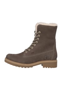 Stivaletti alla caviglia in pelle marrone con foderatura in pelliccia sintetica, occhielli in metallo e design con lacci. Presentano una superficie testurizzata e una suola in gomma robusta.