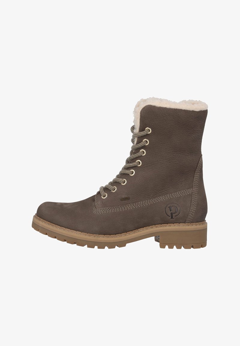 Botas de tobillo de cuero marrón con forro de piel sintética, ojales de metal y diseño de cordones. Presentan una superficie texturizada y una suela de goma resistente.