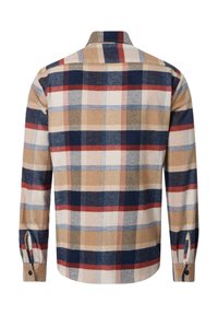 Langärmeliges kariertes Hemd in Beige, Marineblau, Rot und Hellblau. Verfügt über einen Button-Down-Kragen, Manschettenknöpfe und eine glatte Textur.