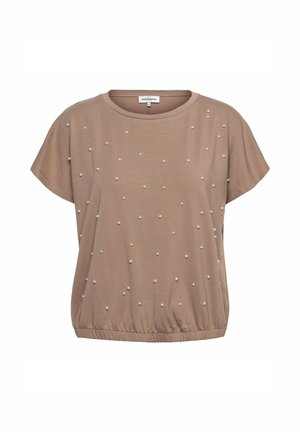 Taupekleurige blouse met korte mouwen, een ronde hals en verspreide kleine parelversieringen, voorzien van een elastische zoom.