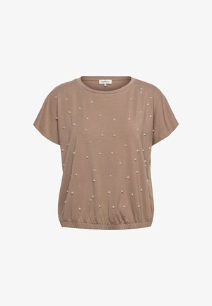 Taupekleurige blouse met korte mouwen, een ronde hals en verspreide kleine parelversieringen, voorzien van een elastische zoom.