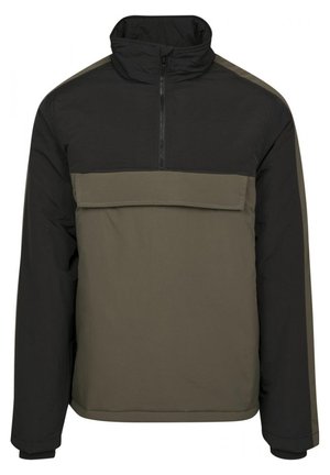Veste-pull noire et vert olive à manches longues avec col montant, demi-fermeture éclair et poche à rabat sur la poitrine.