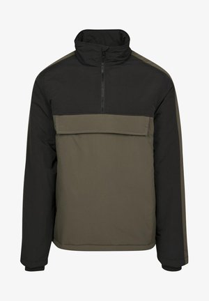 Sort og olivengrøn langærmet pulloverjakke med høj krave, halv lynlås og frontklaplomme over brystet.