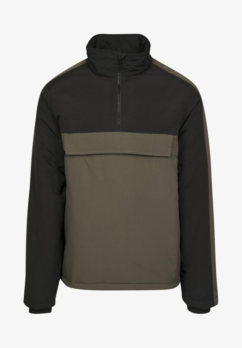 Veste-pull noire et vert olive à manches longues avec col montant, demi-fermeture éclair et poche à rabat sur la poitrine.