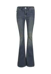 Razširjene kavbojke temnega pranja, ki vključujejo pet žepov, diskretne šive in standardni pas z zapiranjem na gumb spredaj.