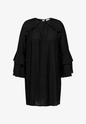 Must mustriga kleit ümmarguse kaelusega, voolava kehaga ja kihiliste ripsmete varrukatega. Valmistatud kergest materjalist, omab lõdvat istuvust.