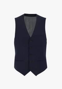 Chaleco azul marino con diseño de cuello en V, seis botones negros, dos bolsillos frontales y un forro gris texturizado. Sin mangas, ajuste entallado.