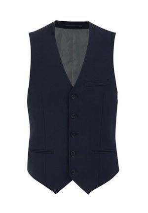 Chaleco azul marino con diseño de cuello en V, seis botones negros, dos bolsillos frontales y un forro gris texturizado. Sin mangas, ajuste entallado.