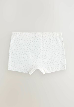 Bílé bavlněné boxerky s malým květinovým vzorem v růžové a zelené barvě. Měkká textura, elastický pas a design pokrývající střední část stehna.