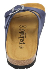 Navy blue leather slide sandal with adjustable metal buckle, cork footbed, and rubber outsole. Stamped logo on insole and size 37.