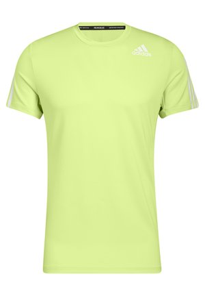 Hellgrünes Adidas-Sport-T-Shirt mit kurzen Ärmeln, weißem Logo auf der Brust und drei weißen Streifen auf jedem Ärmel.