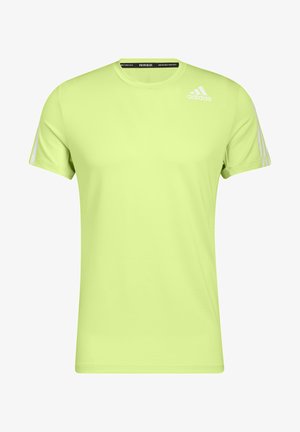 T-shirt de sport Adidas manches courtes vert clair avec logo blanc sur la poitrine et trois bandes blanches sur chaque manche.
