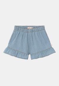 Pantalones cortos a rayas azules con cinturilla elástica y dobladillo con volantes. Tela suave con textura ligera y costuras en contraste. Incluye bolsillos laterales.