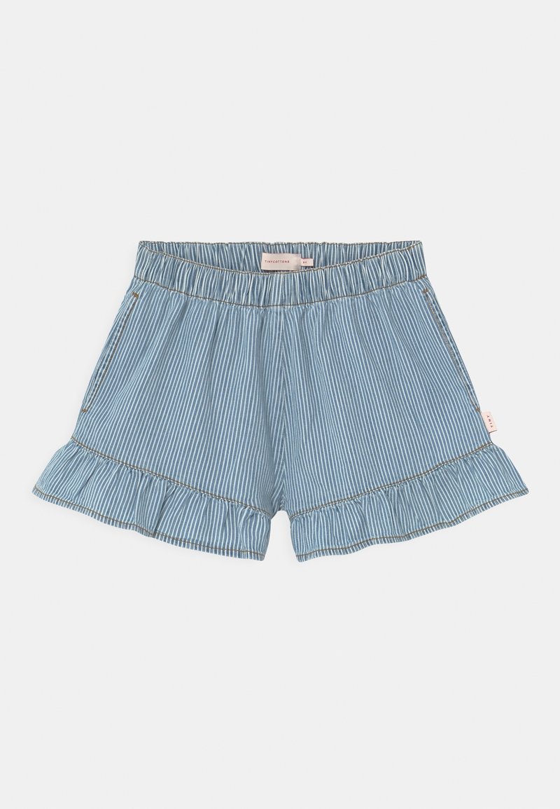 Pantalones cortos a rayas azules con cinturilla elástica y dobladillo con volantes. Tela suave con textura ligera y costuras en contraste. Incluye bolsillos laterales.