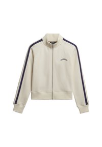 Sweatshirt zippé crème avec un col montant, accents de rayures bleu marine le long des manches, poignets et ourlet côtelés, et logo "Superdry" en arc sur la poitrine.