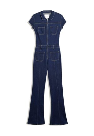 Dark blue denim jumpsuit with short sleeves, front zipper, collar, two chest pockets, belt loops, and two large front pant pockets.