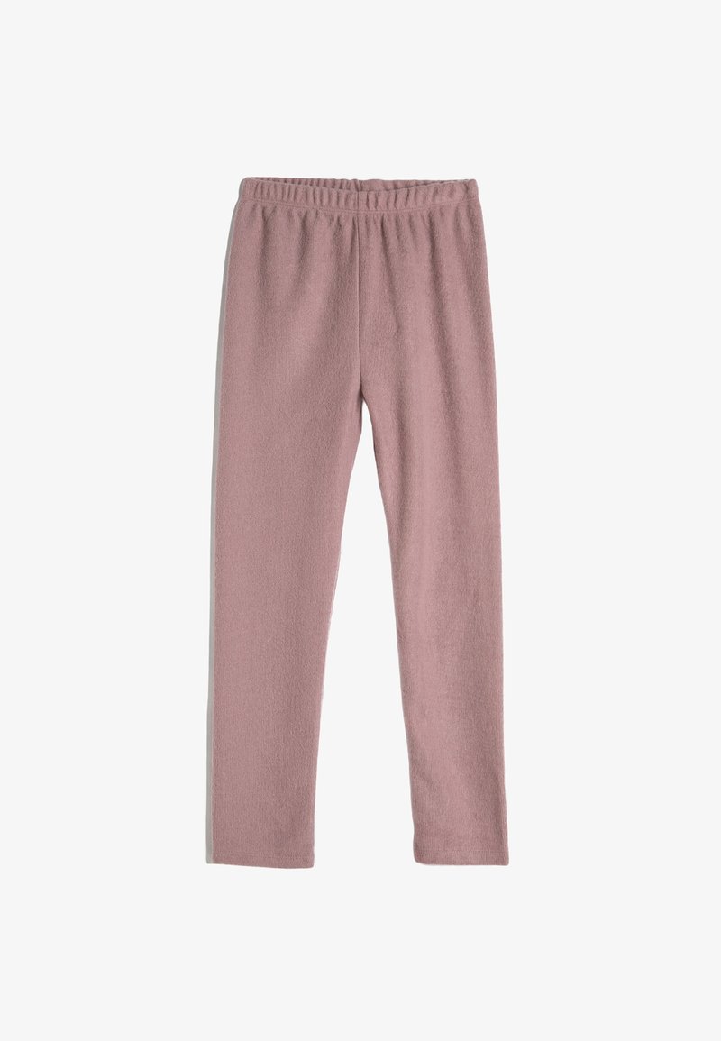 Pantalones de forro polar suaves en color malva con cintura elástica y piernas rectas, diseñados para comodidad y uso casual.
