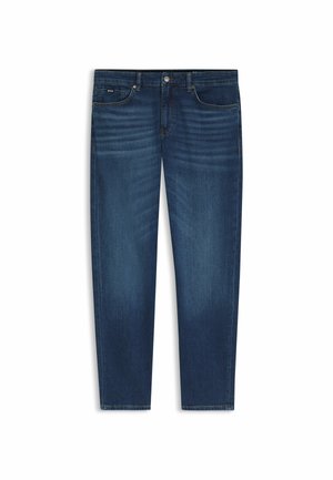 Ciemnoniebieskie jeansy denim z frontowym guzikiem i zamkiem błyskawicznym, konstrukcja z pięcioma kieszeniami oraz delikatnym blaknięciem na udach i kolanach.