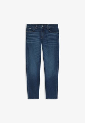 Ciemnoniebieskie jeansy denim z frontowym guzikiem i zamkiem błyskawicznym, konstrukcja z pięcioma kieszeniami oraz delikatnym blaknięciem na udach i kolanach.