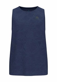 Marineblauw mouwloos sporttop met een subtiel patroon, ronde halslijn en logo-detail in het goud. Gemaakt van lichtgewicht, ademend materiaal.