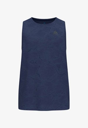 Marineblauw mouwloos sporttop met een subtiel patroon, ronde halslijn en logo-detail in het goud. Gemaakt van lichtgewicht, ademend materiaal.