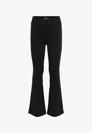 Leggings neri a campana con vita elasticizzata ampia, texture liscia e una silhouette aderente che si allarga dal ginocchio.