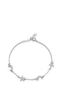 Srebrna bransoletka łańcuszkowa z trzema wisiorkami: dwoma księżycami w kształcie półksiężyca i jedną gwiazdą, każdy ozdobiony błyszczącymi detalami. Regulowane zapięcie.