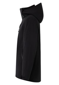 Veste imperméable noire avec un col haut, capuche ajustable, plusieurs poches zippées et un design épuré. Fini doux et mat.