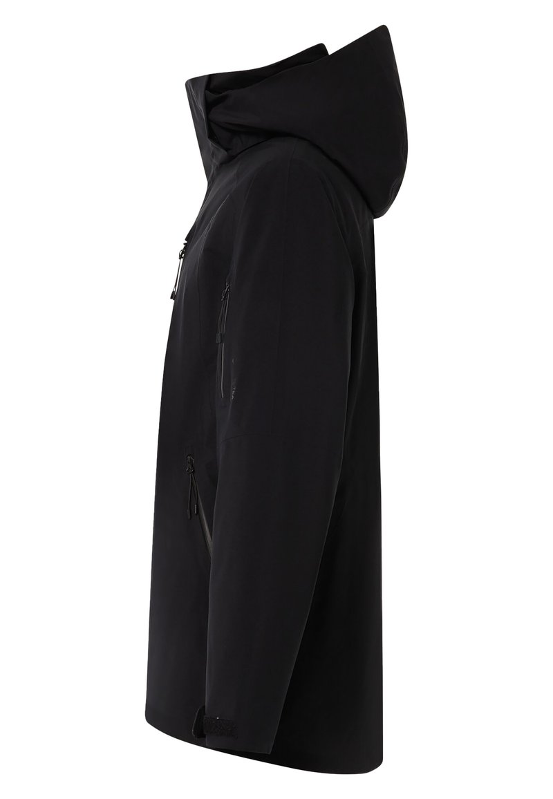 Schwarze wasserdichte Jacke mit hohem Kragen, verstellbarem Kapuze, mehreren Reißverschluss-Taschen und einem schlanken Design. Weiche, matte Oberfläche.