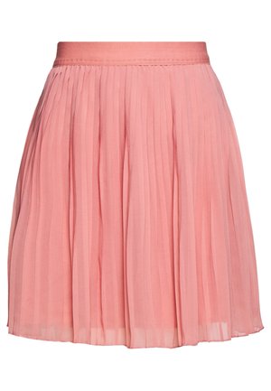 Light pink pleated skirt with a high waistband, knee-length, made of lightweight, sheer fabric.