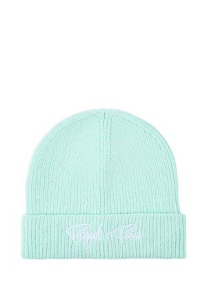 Bonnet tricoté vert menthe clair avec bord replié et logo de marque brodé en blanc à l'avant.